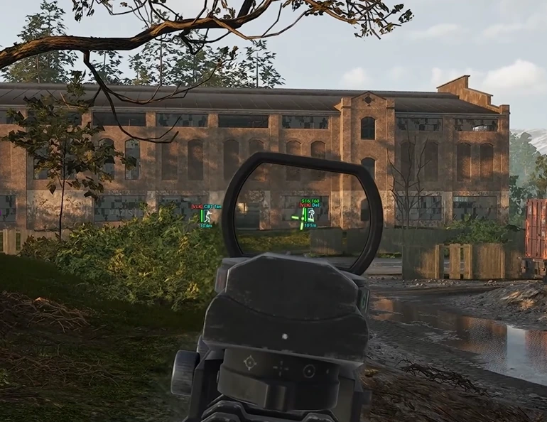 War Dogs player ESP showing enemy tags, health bars and distance through a brick building